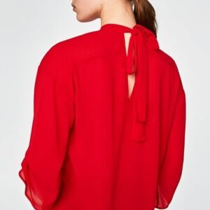 ZARA Vibrant Red 3/4 Sleeve Backless Blouse‎ with Tie Front